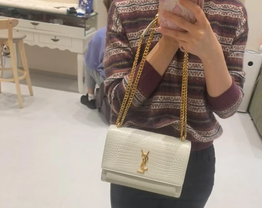 Saint Laurent Medium Croc Sunset Shoulder Bag Black Leather Crossbody Handbag
