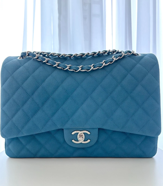 RARE Chanel Blue Suede Caviar Leather Maxi Classic Double Flap Large Handbag