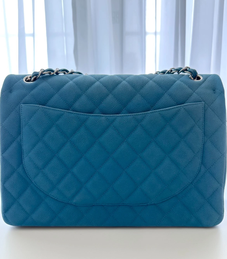 RARE Chanel Blue Suede Caviar Leather Maxi Classic Double Flap Large Handbag