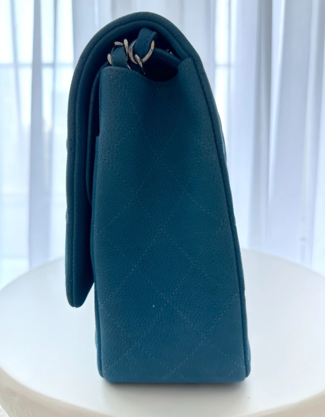RARE Chanel Blue Suede Caviar Leather Maxi Classic Double Flap Large Handbag