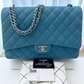 RARE Chanel Blue Suede Caviar Leather Maxi Classic Double Flap Large Handbag