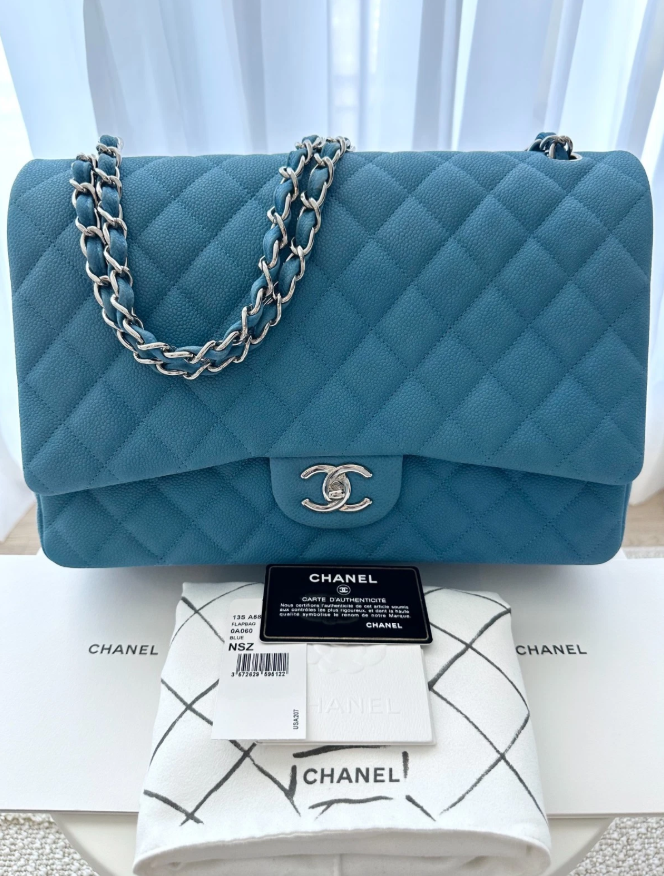 RARE Chanel Blue Suede Caviar Leather Maxi Classic Double Flap Large Handbag