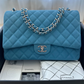 RARE Chanel Blue Suede Caviar Leather Maxi Classic Double Flap Large Handbag