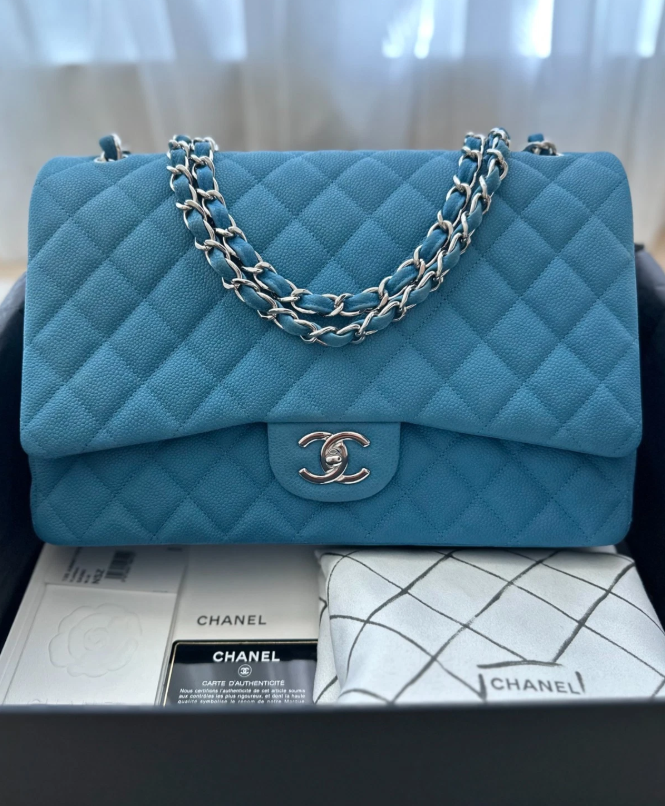 RARE Chanel Blue Suede Caviar Leather Maxi Classic Double Flap Large Handbag
