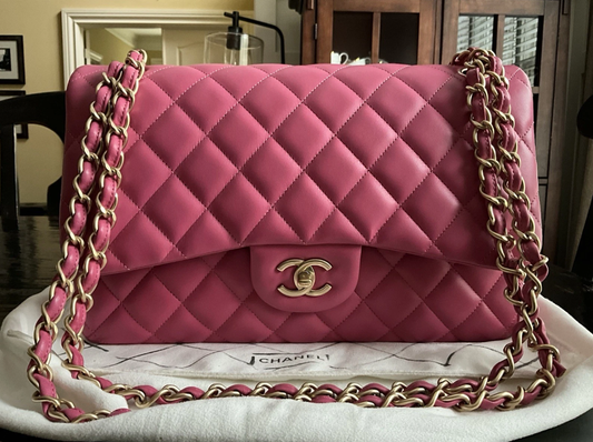 Authentic Chanel Classic Double Flap Quilted Lambskin Leather Jumbo Pink Bag