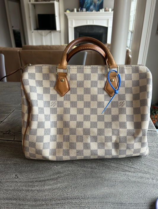 Louis Vuitton Speedy 30 Damier Azur Canvas Satchel Bag Authentic