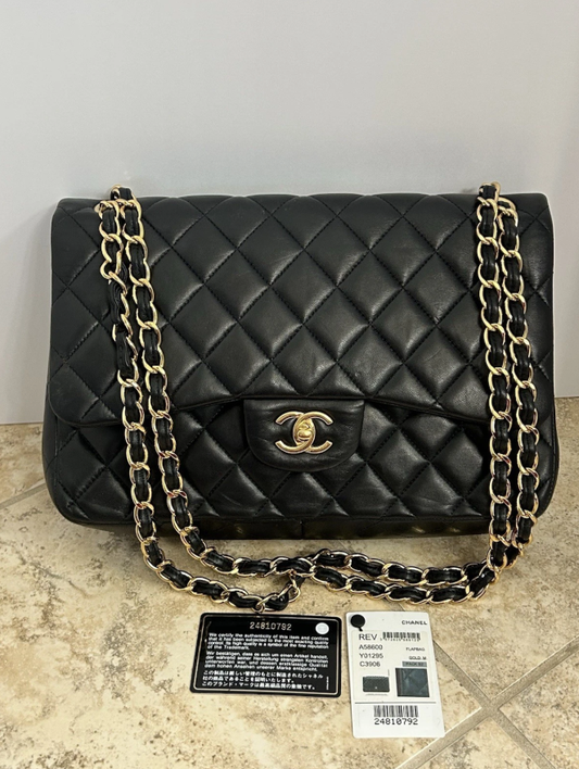 Auth Chanel Maxi Double Flap Classic Black Lambskin Matelasse Bag Large