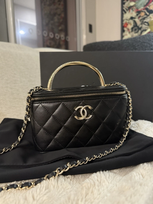 Authentic 2024 Chanel Vanity Case Top Handle Black Lambskin Gold