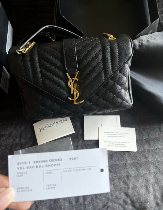 Saint Laurent YSL Medium Collège Bag Black Quilted Gold - FULL SET