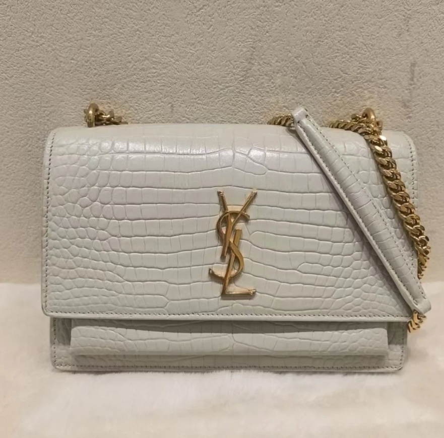Saint Laurent Medium Croc Sunset Shoulder Bag Black Leather Crossbody Handbag