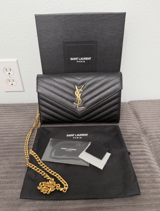 Saint Laurent YSL CLASSIC CASSANDRE CHAIN WALLET Black Crossbody Authentic