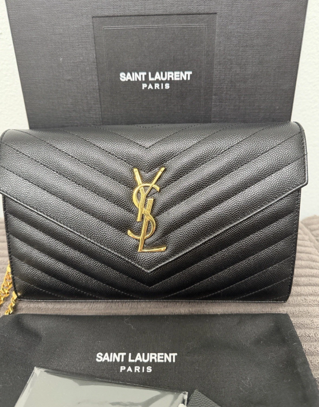Saint Laurent YSL CLASSIC CASSANDRE CHAIN WALLET Black Crossbody Authentic