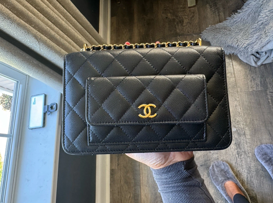 Authentic Chanel 2024 Twin Pocket WOC Mini Black Caviar Gold Hardware Microchip