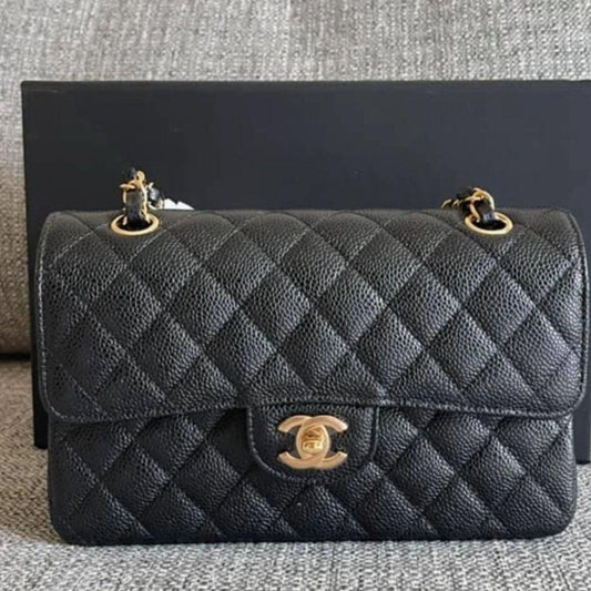 CHANEL Black Caviar GHW Quilted SMALL Classic Double Flap